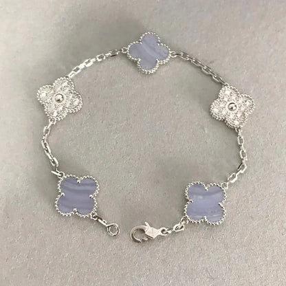 [basloveJW]CLOVER  5 MOTIF DIAMOND PURPLE CHALCEDONY BRACELET SILVER