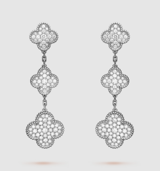 [basloveJW]CLOVER 3 MOTIF DIAMOND SILVER DROP EARRINGS