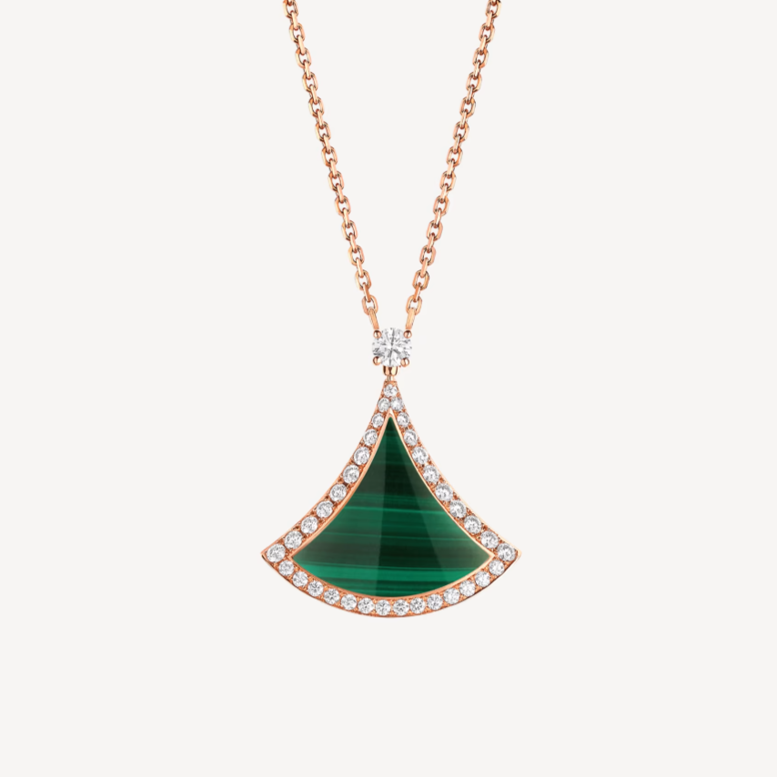 [Basjewels]DREAM MALACHITE DIAMOND PAVED PINK GOLD NECKLACE