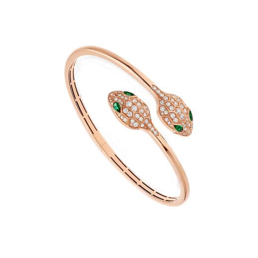 [Basjewels]SERPENTI BRACELET PINK GOLD MALACHITE DIAMOND DOUBLE SNAKE