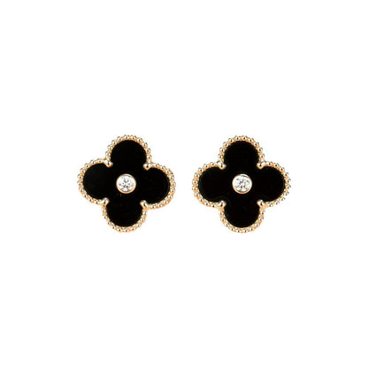 [basloveJW]CLOVER MEDIUM 1 MOTIFS ONYX DIAMOND EARRINGS