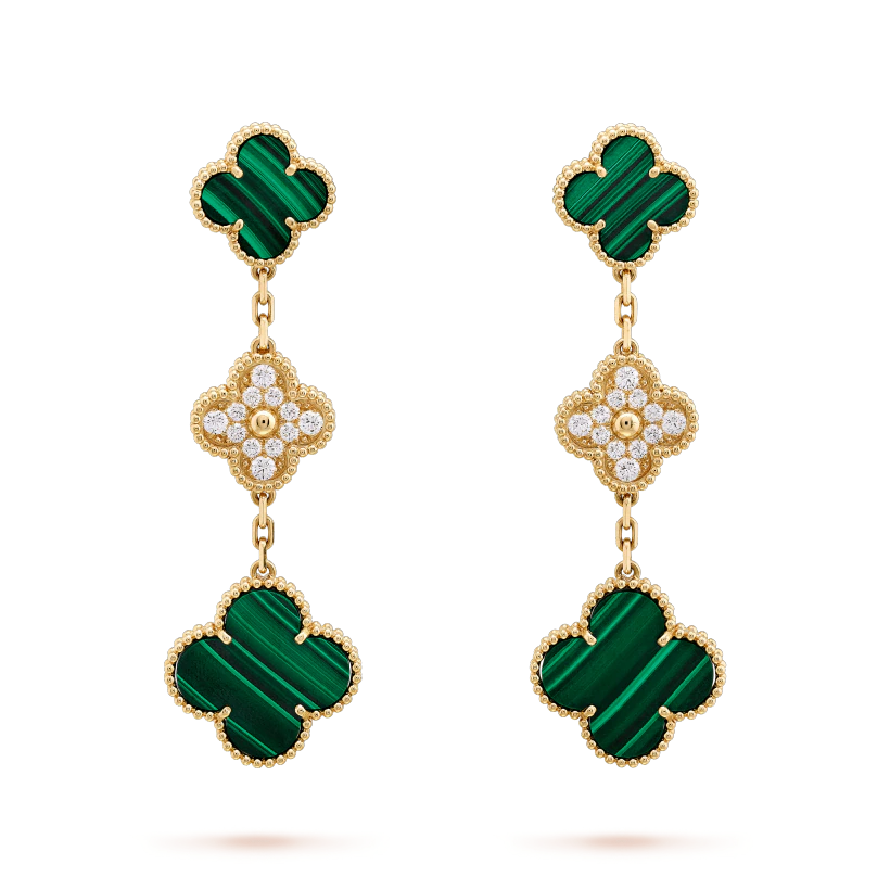 [basloveJW]CLOVER EARRINGS GOLD MALACHITE DIAMOND 3 MOTIF