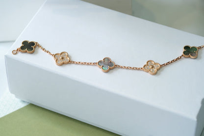 [basloveJW]CLOVER 5 MOTIFS DARK MOP AND DIAMONDS PINK GOLD BRACELET